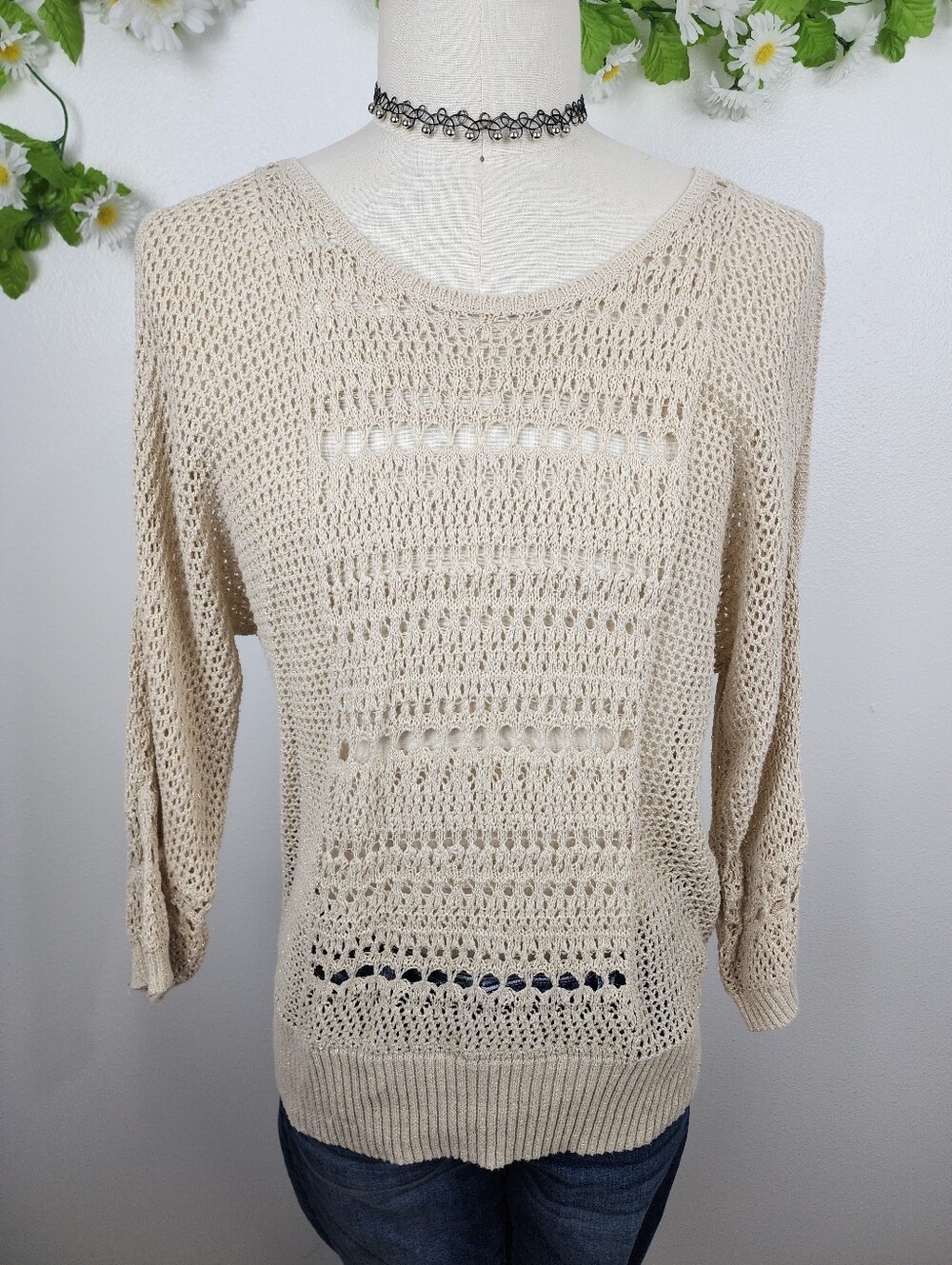 Charming Charlie Beige Sweater Open Knit - Gold Sparkle - Cold Shoulder Sz XL